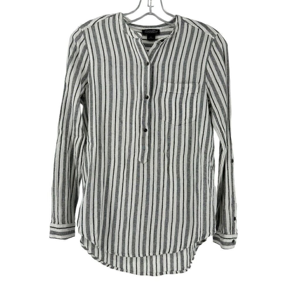 Lucky Brand Top Striped Long Sleeve Roll Tab Size S Black White Bohemian Casual